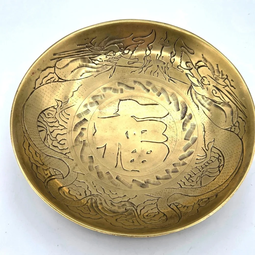 Vintage Solid Brass‎ Double Dragon Bowl 9